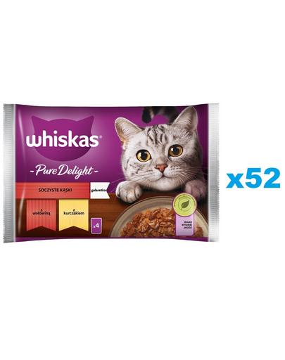 WHISKAS Adult Plicuri hrana umeda pisica 52x85 g Juicy Bites hrana umeda cu bucat de carne de vita, pui in aspic