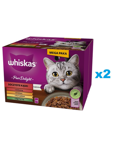 WHISKAS Adult Pure Delight 48x85 g Juicy Jellied Bites cu carne de vita, pui, miel, pasare pentru pisici adulte