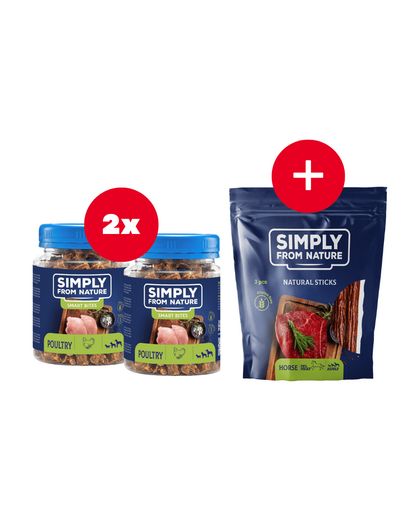 SIMPLY FROM NATURE Smart Bites recompense caini 2 x 130 g cu pasare + snack GRATIS