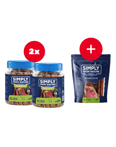 SIMPLY FROM NATURE Smart Bites gustare pentru caini, caprioara 2 x 130 g + snack GRATIS