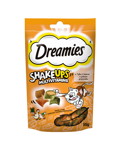 DREAMIES ShakeUps Multivitamins 55g recompensa cu pui, rata si iarba pisicii pentru pisici