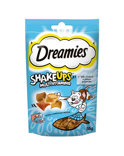 DREAMIES ShakeUps Multivitamins 55g recompense pisici, aroma ton, creveti si somon