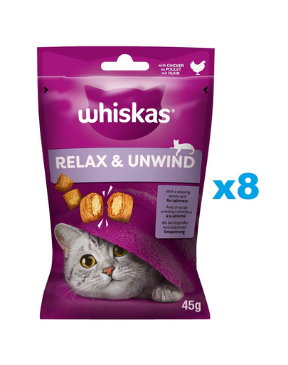 WHISKAS Relaxare si Calm 8x45 g snack cu pui pentru pisica