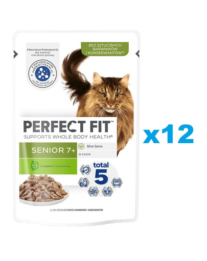 PERFECT FIT Senior 7+ pliculete pisici 12x85 g hrana umeda pentru pisici senior, curcan si morcov in sos