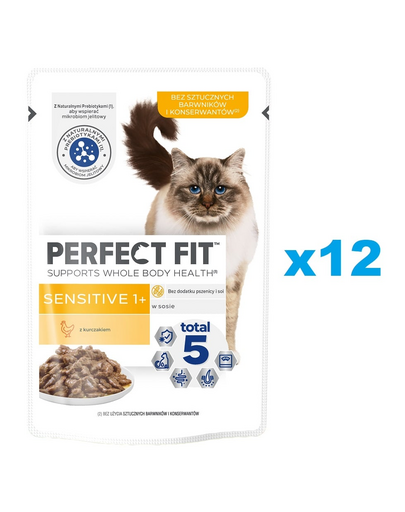 PERFECT FIT Sensitive 1+ plicuri in sos 12x85 g hrana cu pui pentru pisica adulta