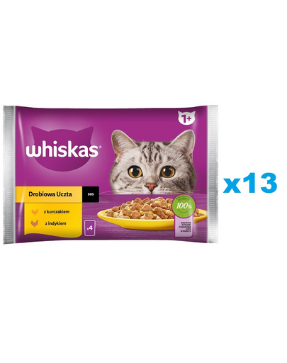 WHISKAS Adult 52x85 g hrana umeda pentru pisici adulte in sos cu: pui, curcan