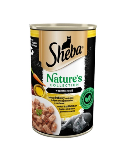 SHEBA conserva pate pentru pisici 400 g Nature\'s Collection Cocktail de pasare cu ficat si ulei de peste cu garnitura de morcovi