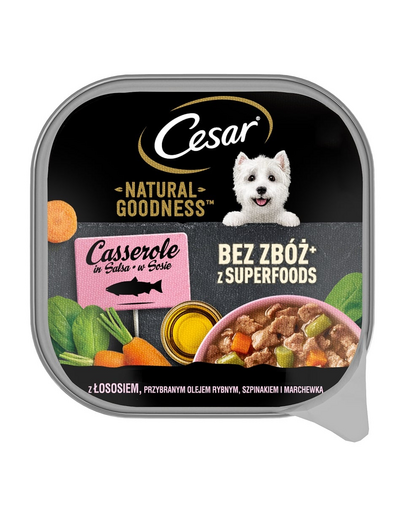 CESAR Natural Goodness hrana umeda in sos pentru caine 100 g cu somon imbogatit cu ulei de peste, spanac si morcovi