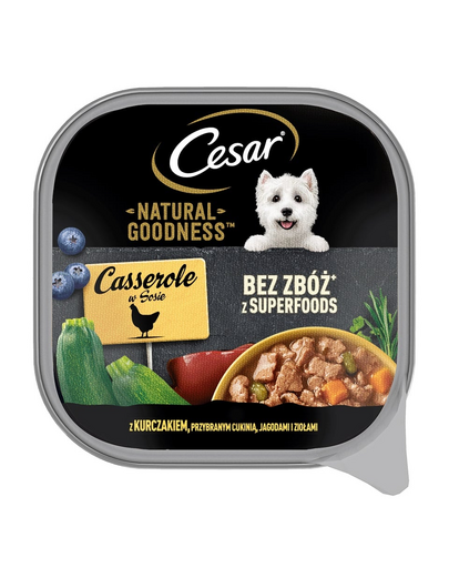 CESAR Natural Goodness tavita hrana caini 100 g cu pui garnisit cu dovlecel, fructe de padure si plante aromatice in sos