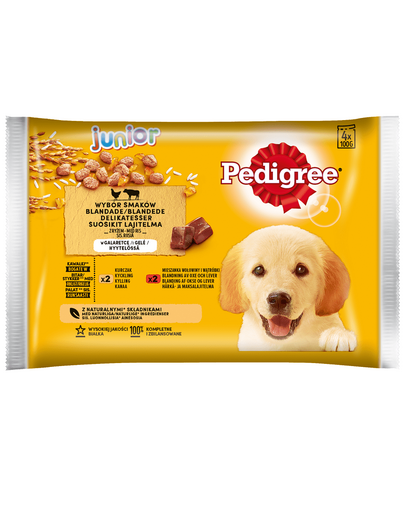 PEDIGREE Junior Hran umeda caini junior, cu pui si vita 4x100g