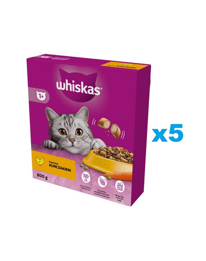 WHISKAS Adult 5x800 g hrana completa uscata cu pui delicios pentru pisici adulte