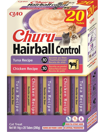 INABA Churu Cat Hairball 20x14g gustare crema pentru pisica, pentru ghemotoacele de blana