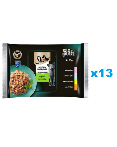 SHEBA Delicacy Fine Flakes pliculete pentru pisici 52x85 g hrana umeda bucati in aspic cu: somon, peste alb, pui, curcan