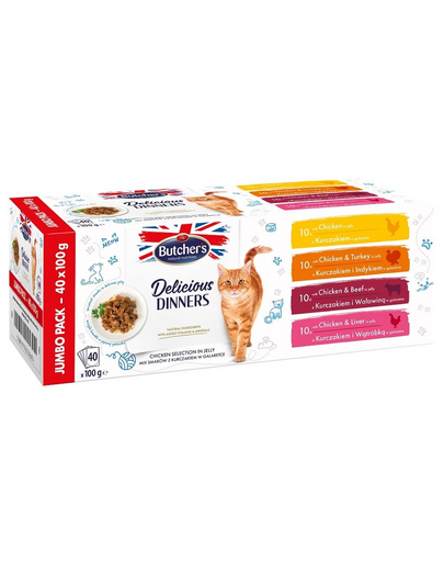 BUTCHER\'S Delicious Dinners Jumbo Pack in aspic pentru pisica adulta 40x100g Arome mixte de pui