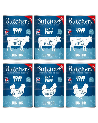 BUTCHER\'S Original Junior Mix arome pentru catei 6x400g bucati vita si pui in aspic