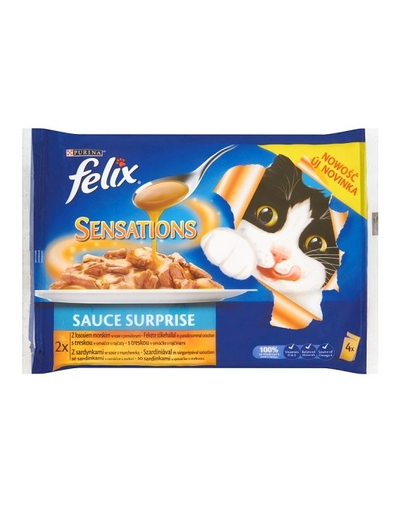 FELIX Sensations Sauce Surprise 4x100 g: somon, sardine cu morcov