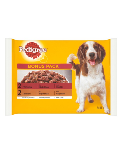 PEDIGREE Hrană umedă pentru câini cu vită și pasăre în aspic 4x100 g