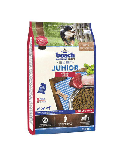 BOSCH Junior Hrana uscata pentru catei de la 2 pana la 12 luni, cu miel si orez  3 kg
