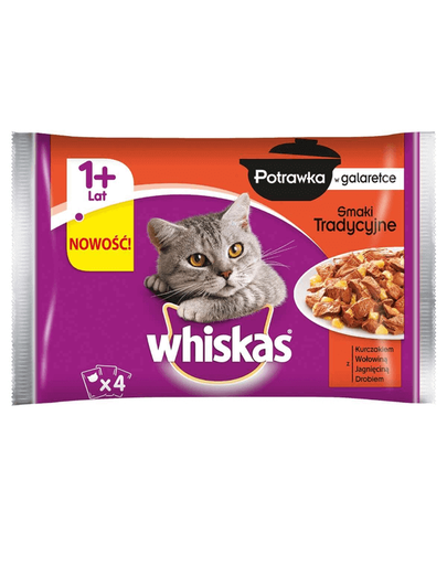 WHISKAS Hrană umedă pentru pisici ragout în aspic (1+ ani) arome tradiționale 4x85 g