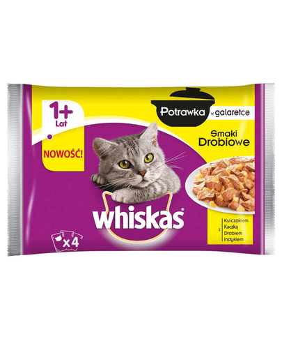 WHISKAS Hrană umedă pentru pisici ragout în aspic (1+ ani) cu aromă de pasăre 4x85 g