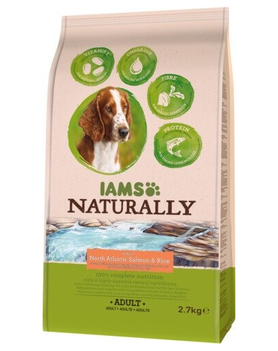 IAMS Naturally Adult - Hrană uscată pentru câini bogată în somon din Atlanticul de Nord și orez 2,7 kg