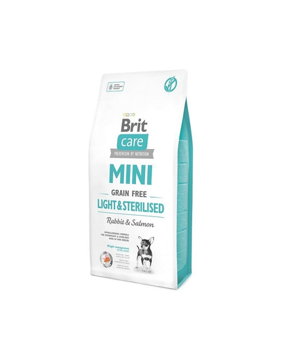 BRIT Care Grain Free Mini Light&Sterilised hrana uscata caini adulti talie mica cu tendinta de ingrasare, somon si iepure 7 kg