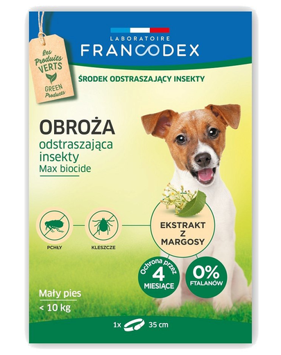 FRANCODEX Zgarda anti-purici si insecte pentru caini de talie mica, de pana la 10 kg – 4 luni de protectie, 35 cm anti-purici imagine 2022