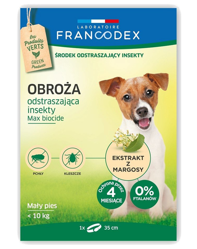 FRANCODEX Zgarda Anti-purici Si Insecte Pentru Caini De Talie Mica, De Pana La 10 Kg – 4 Luni De Protectie, 35 Cm