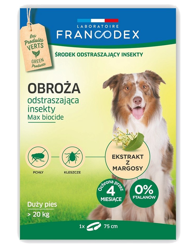 FRANCODEX Zgarda Protectie Anti-purici Si Insecte Pentru Caini Cu Greutate Peste 20 Kg – 4 Luni De Protectie, 75 Cm