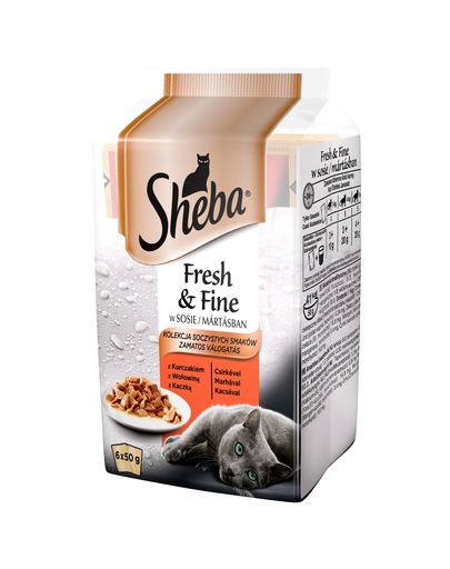 SHEBA Mini Plicuri cu sos si carne pentru pisici, 72 x 50g (36 + 36 gratuit)