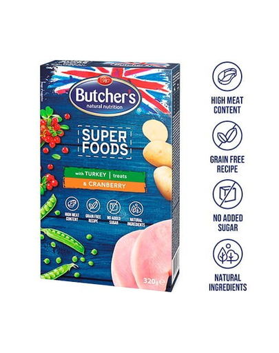BUTCHER'S Superfoods Treats recompense cu curcan și merișoare 320 g