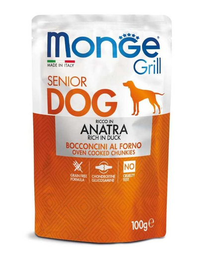 MONGE Grill Senior hrană umedă pentru câini seniori, cu rață 100 g