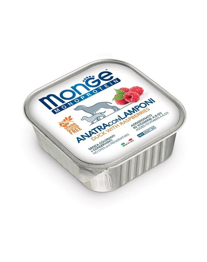 MONGE Fruit Dog Monoprotein hrană umedă pentru câini, cu rață și zmeură 150 g