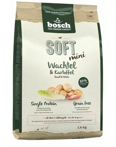 BOSCH Soft Mini Hrană uscată pentru câini de rase mici cu prepeliță și cartofi 2,5 kg + recompense biscuit cu carne de strut si vanilie 300 g 25 imagine 2022