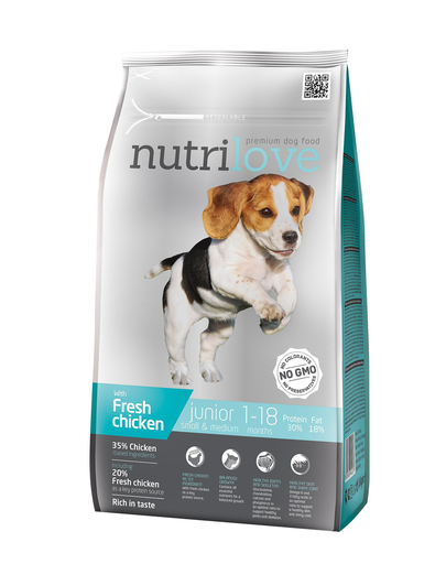 NUTRILOVE Premium cu pui proaspăt pentru câinii juniori de rase mici & mijlocii - 1,6 kg