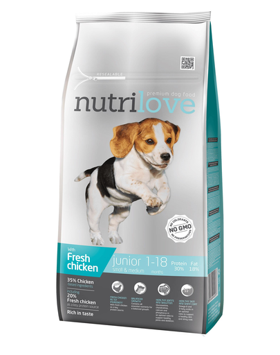NUTRILOVE Premium cu pui proaspăt pentru câinele junior de rasă mică & mijlocie - de 8 kg