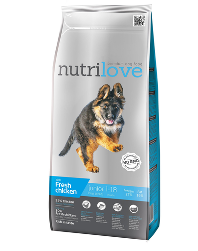 NUTRILOVE Premium hrana cu pui proaspăt pentru câini juniori cu varsta 1-18 luni, 3kg