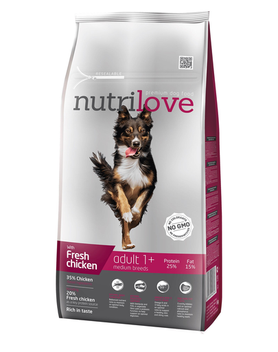 NUTRILOVE Premium cu pui proaspăt pentru câinele adult de talie mediet - 8 kg