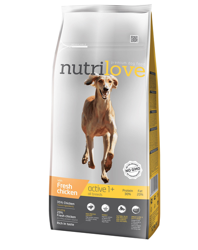 NUTRILOVE Premium hrana uscata pentru caini activi, cu pui proaspat 12 kg