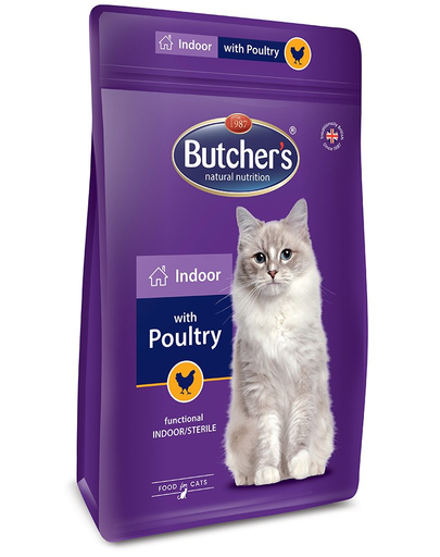 BUTCHER'S Functional Cat Indoor hrana uscata pentru pisici de interior, cu pasari de curte 800 g (2 + 1 GRATIS)
