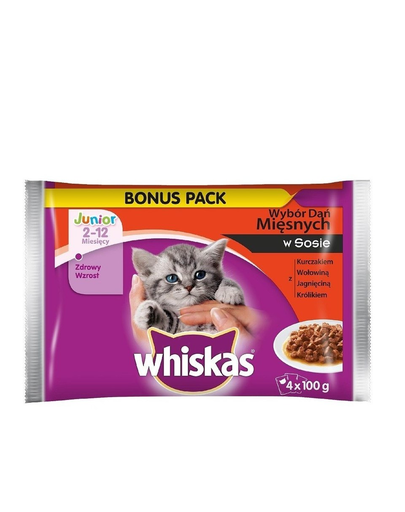 WHISKAS Junior hrana umeda pentru pisici, specialitati de carne in sos 52x100g + casa pentru pisici cartonata GRATIS