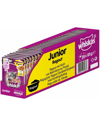 WHISKAS Junior hrana umeda pentru pisoi, cu pui in aspic 28x85g + casa pentru pisici cartonata GRATIS