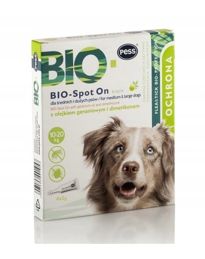 PESS BIO Spot-on Picaturi Protectie Anti-capuse, Purici Pentru Caini Medii/marii 4×2 G Cu Ulei De Muscata Si Dimeticona