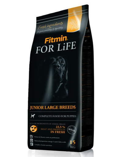 FITMIN Dog for life Junior Large hrana uscata caini juniori talie mare 15 kg + Dr PetCare MAX Biocide zgarda protectie impotriva puricilor si a insectelor, pentru caini de talie medie 75 cm GRATIS