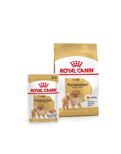 ROYAL CANIN Pomeranian Adult 1.5 kg hrană uscată pentru câini mini spitz adulți + hrană umedă 12x85g