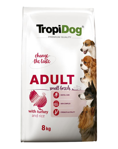 TROPIDOG Premium Adult S curcan si orez 8 kg hrana uscata pentru caini de rasa mica