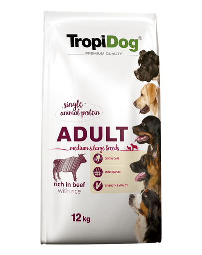TROPIDOG Premium Adult M&L carne de vita si orez 12 kg mancare uscata pentru caini de rase medii și mari