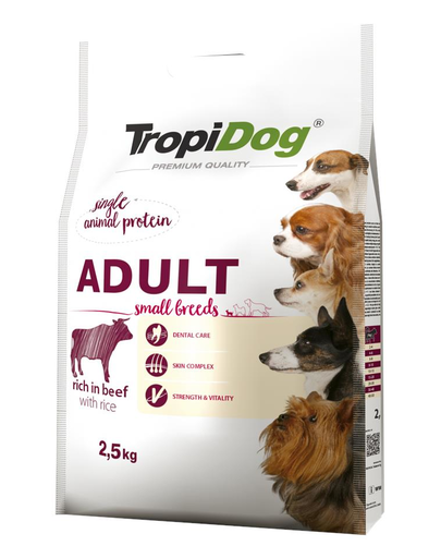 TROPIDOG Premium Adult S carne de vita si orez 2,5 kg hrana uscata pentru caini de rasa mica