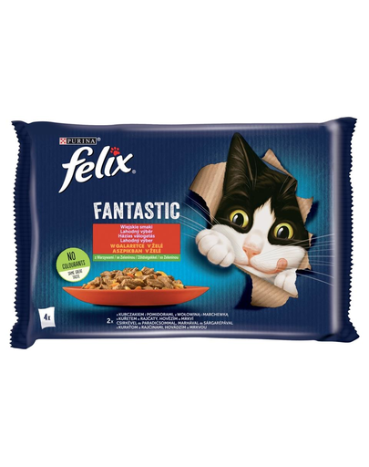 FELIX FANTASTIC Hrana umeda in jeleu pentru pisici adulte (pui cu rosii, carne de vita cu morcov) 48x85g