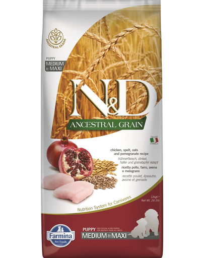 FARMINA N&D Ancestral Grain Puppy Medium&Maxi Chicken&Pomegranate hrana uscata caini juniori talie medie/mare, pui si rodie 12 kg + hrana uscata 5x100g GRATIS